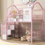 Lit mezzanine en métal de 93,7 pouces avec design de toit de maison, cadres de lit avec étagères de rangement et panier, lit simple pour salon, chambre à coucher