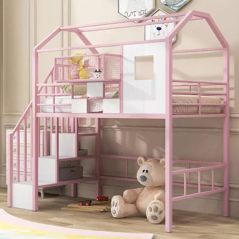 Lit mezzanine en métal de 93,7 pouces avec design de toit de maison, cadres de lit avec étagères de rangement et panier, lit simple pour salon, chambre à coucher