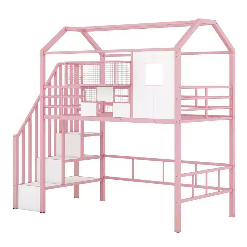 Lit mezzanine en métal de 93,7 pouces avec design de toit de maison, cadres de lit avec étagères de rangement et panier, lit simple pour salon, chambre à coucher