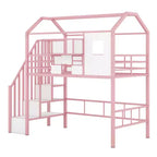 Lit mezzanine en métal de 93,7 pouces avec design de toit de maison, cadres de lit avec étagères de rangement et panier, lit simple pour salon, chambre à coucher
