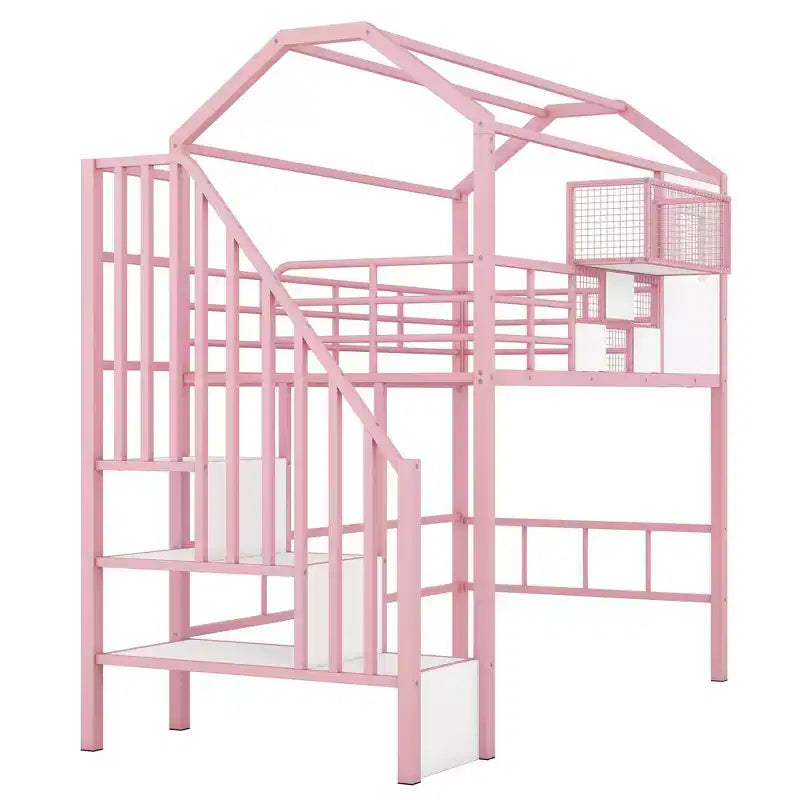 Lit mezzanine en métal de 93,7 pouces avec design de toit de maison, cadres de lit avec étagères de rangement et panier, lit simple pour salon, chambre à coucher