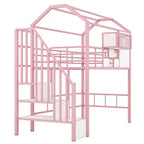 Lit mezzanine en métal de 93,7 pouces avec design de toit de maison, cadres de lit avec étagères de rangement et panier, lit simple pour salon, chambre à coucher