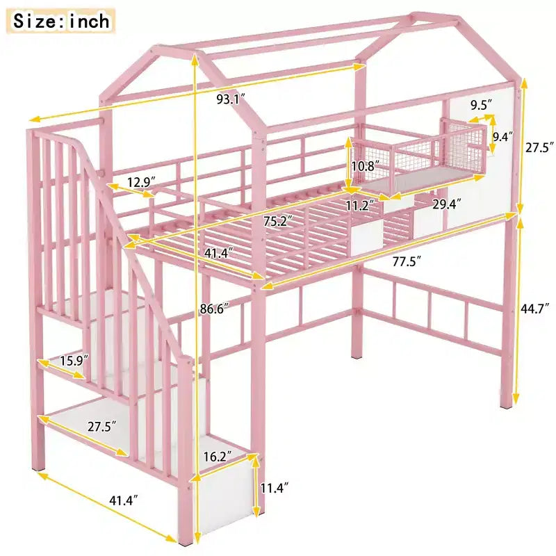 Lit mezzanine en métal de 93,7 pouces avec design de toit de maison, cadres de lit avec étagères de rangement et panier, lit simple pour salon, chambre à coucher