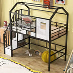 Lit mezzanine en métal de 93,7 pouces avec design de toit de maison, cadres de lit avec étagères de rangement et panier, lit simple pour salon, chambre à coucher
