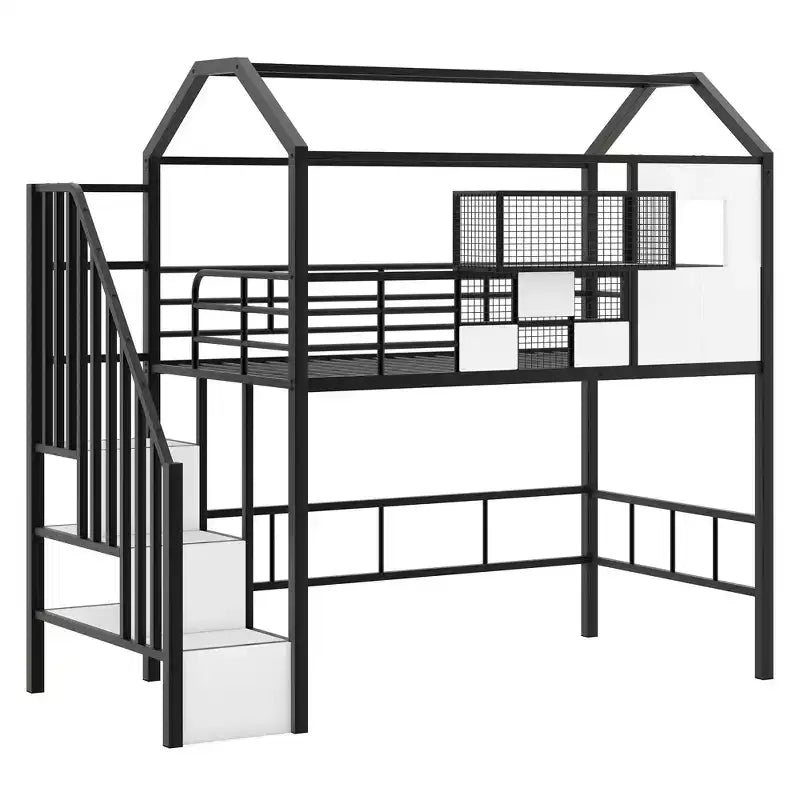 Lit mezzanine en métal de 93,7 pouces avec design de toit de maison, cadres de lit avec étagères de rangement et panier, lit simple pour salon, chambre à coucher