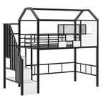 Lit mezzanine en métal de 93,7 pouces avec design de toit de maison, cadres de lit avec étagères de rangement et panier, lit simple pour salon, chambre à coucher