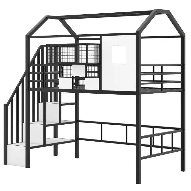 Lit mezzanine en métal de 93,7 pouces avec design de toit de maison, cadres de lit avec étagères de rangement et panier, lit simple pour salon, chambre à coucher