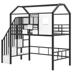Lit mezzanine en métal de 93,7 pouces avec design de toit de maison, cadres de lit avec étagères de rangement et panier, lit simple pour salon, chambre à coucher