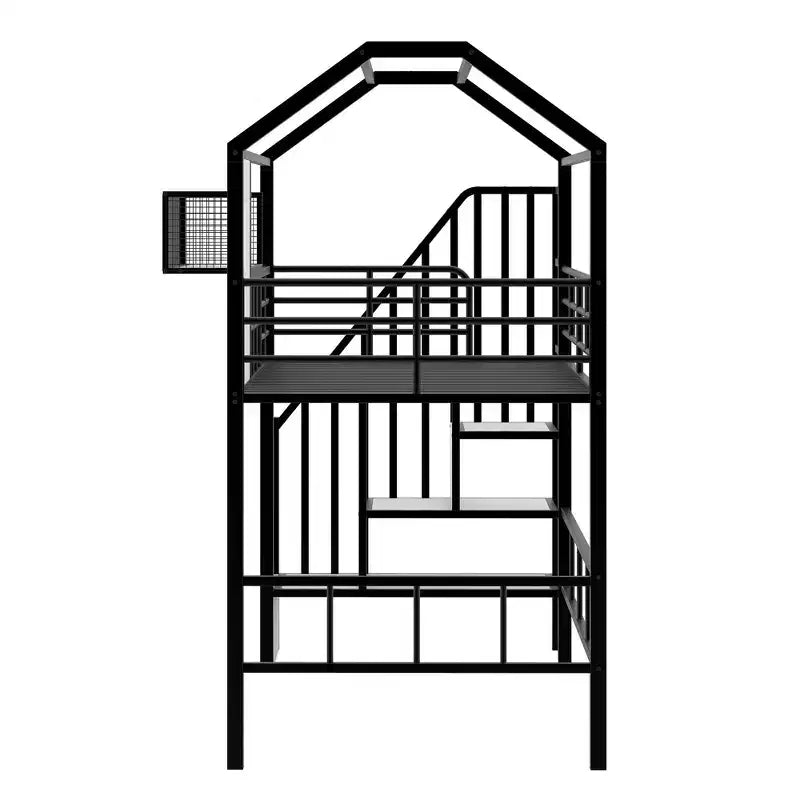 Lit mezzanine en métal de 93,7 pouces avec design de toit de maison, cadres de lit avec étagères de rangement et panier, lit simple pour salon, chambre à coucher