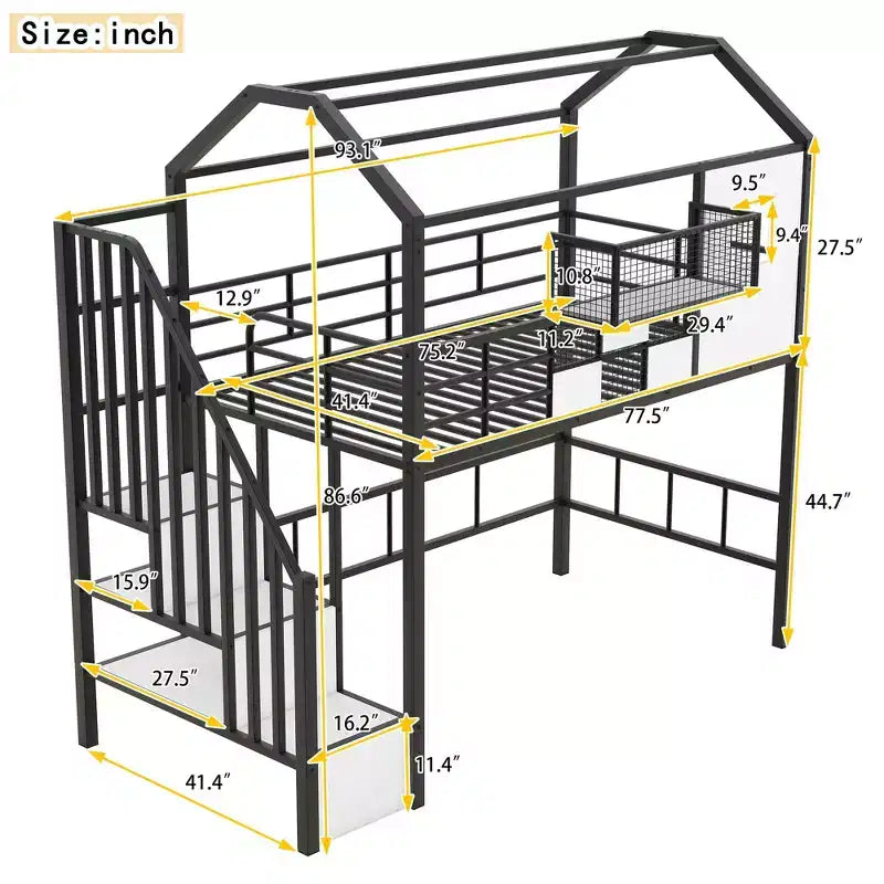 Lit mezzanine en métal de 93,7 pouces avec design de toit de maison, cadres de lit avec étagères de rangement et panier, lit simple pour salon, chambre à coucher