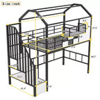 Lit mezzanine en métal de 93,7 pouces avec design de toit de maison, cadres de lit avec étagères de rangement et panier, lit simple pour salon, chambre à coucher