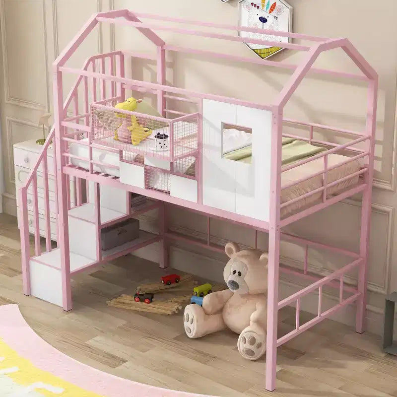 Lit mezzanine en métal de 93,7 pouces avec design de toit de maison, cadres de lit avec étagères de rangement et panier, lit simple pour salon, chambre à coucher