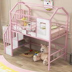 Lit mezzanine en métal de 93,7 pouces avec design de toit de maison, cadres de lit avec étagères de rangement et panier, lit simple pour salon, chambre à coucher
