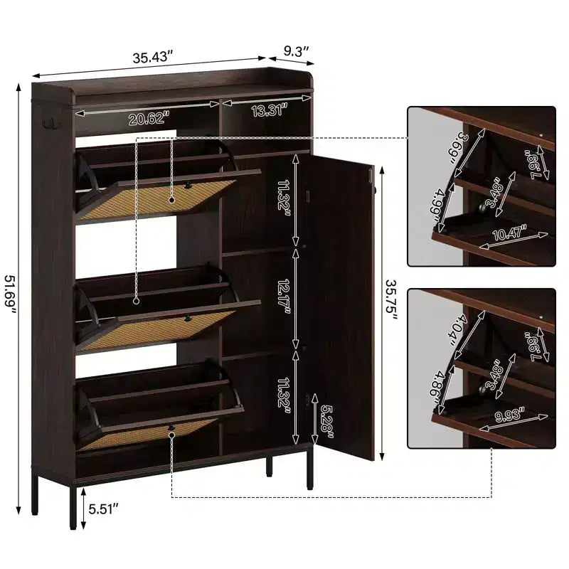 Meuble de rangement pour chaussures en rotin à 3 tiroirs Organisateur autoportant pour entrée/couloir (montage facile)