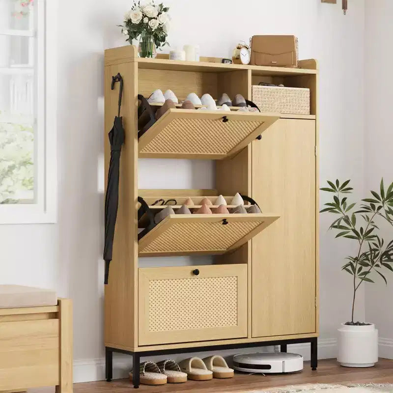 Meuble de rangement pour chaussures en rotin à 3 tiroirs Organisateur autoportant pour entrée/couloir (montage facile)