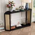 Table d'entrée de ferme de 136 cm avec plateau hexagonal, console avec pieds décorés de rotin, table d'appoint pour salon, foyer, noir