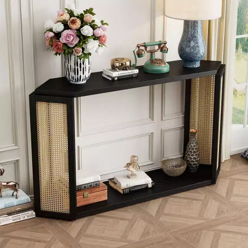 Table d'entrée de ferme de 136 cm avec plateau hexagonal, console avec pieds décorés de rotin, table d'appoint pour salon, foyer, noir