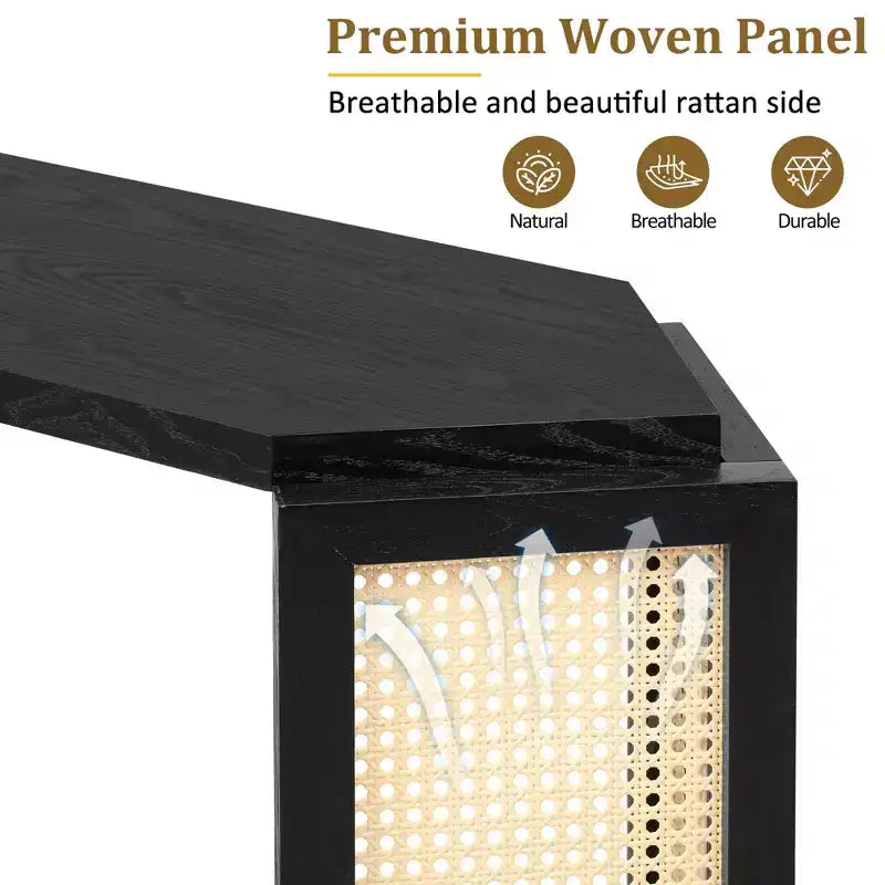 Table d'entrée de ferme de 136 cm avec plateau hexagonal, console avec pieds décorés de rotin, table d'appoint pour salon, foyer, noir