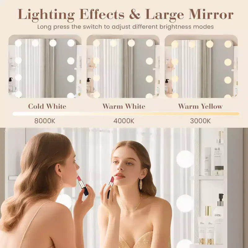 Coiffeuse avec miroir et 12 lumières LED, meuble de coiffeuse moderne avec porte-sèche-cheveux, tabouret pour chambre à coucher