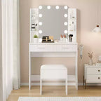 Coiffeuse avec miroir et 12 lumières LED, meuble de coiffeuse moderne avec porte-sèche-cheveux, tabouret pour chambre à coucher
