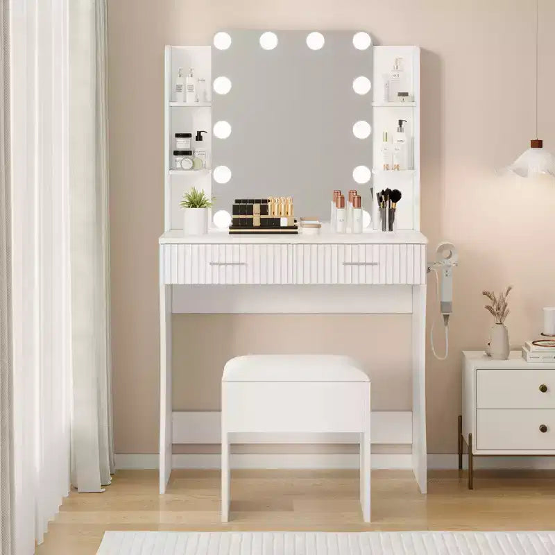 Coiffeuse avec miroir et 12 lumières LED, meuble de coiffeuse moderne avec porte-sèche-cheveux, tabouret pour chambre à coucher