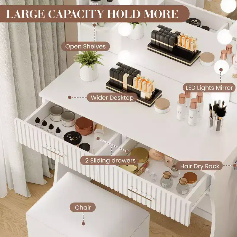 Coiffeuse avec miroir et 12 lumières LED, meuble de coiffeuse moderne avec porte-sèche-cheveux, tabouret pour chambre à coucher