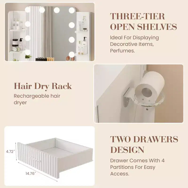Coiffeuse avec miroir et 12 lumières LED, meuble de coiffeuse moderne avec porte-sèche-cheveux, tabouret pour chambre à coucher