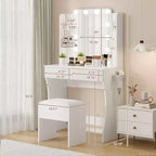 Coiffeuse avec miroir et 12 lumières LED, meuble de coiffeuse moderne avec porte-sèche-cheveux, tabouret pour chambre à coucher