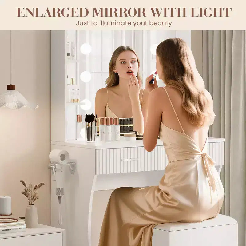 Coiffeuse avec miroir et 12 lumières LED, meuble de coiffeuse moderne avec porte-sèche-cheveux, tabouret pour chambre à coucher