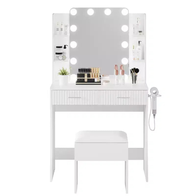 Coiffeuse avec miroir et 12 lumières LED, meuble de coiffeuse moderne avec porte-sèche-cheveux, tabouret pour chambre à coucher