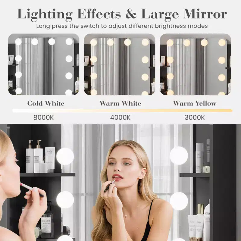 Coiffeuse avec miroir et 12 lumières LED, meuble de coiffeuse moderne avec porte-sèche-cheveux, tabouret pour chambre à coucher