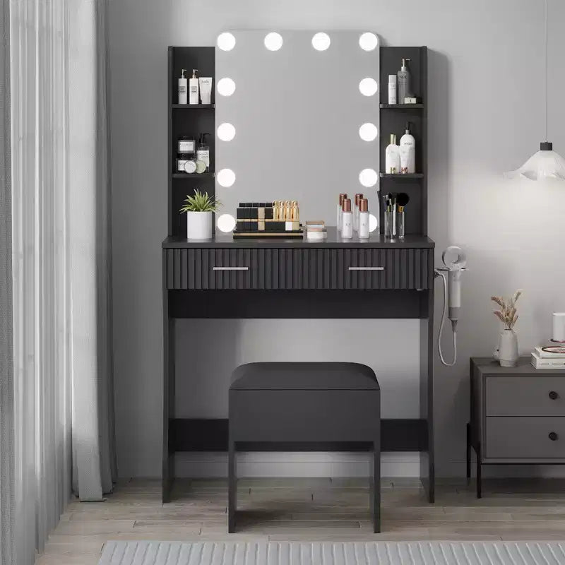 Coiffeuse avec miroir et 12 lumières LED, meuble de coiffeuse moderne avec porte-sèche-cheveux, tabouret pour chambre à coucher
