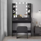 Coiffeuse avec miroir et 12 lumières LED, meuble de coiffeuse moderne avec porte-sèche-cheveux, tabouret pour chambre à coucher