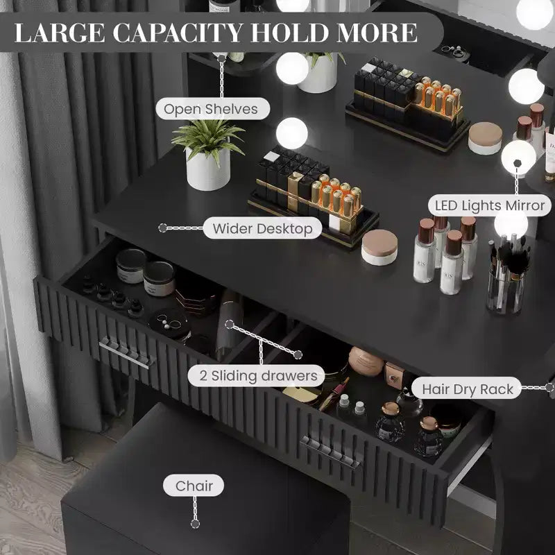 Coiffeuse avec miroir et 12 lumières LED, meuble de coiffeuse moderne avec porte-sèche-cheveux, tabouret pour chambre à coucher