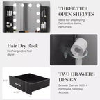 Coiffeuse avec miroir et 12 lumières LED, meuble de coiffeuse moderne avec porte-sèche-cheveux, tabouret pour chambre à coucher
