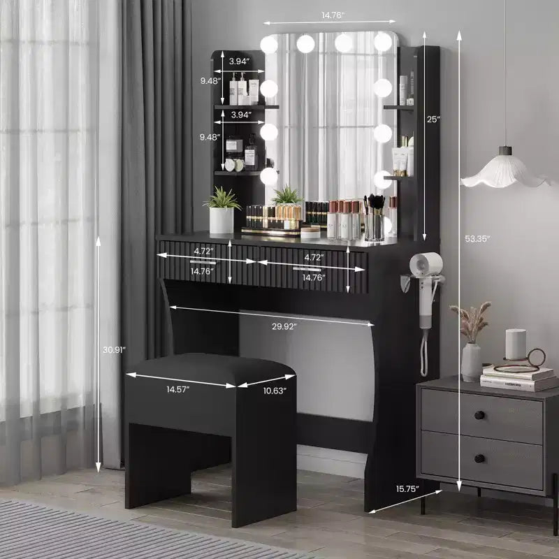 Coiffeuse avec miroir et 12 lumières LED, meuble de coiffeuse moderne avec porte-sèche-cheveux, tabouret pour chambre à coucher