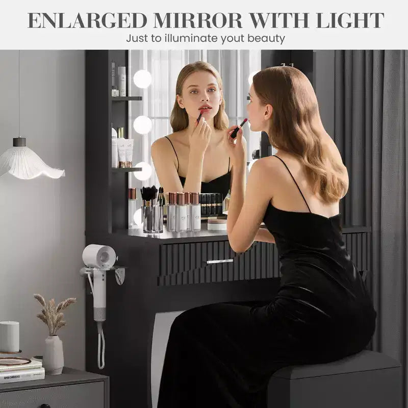 Coiffeuse avec miroir et 12 lumières LED, meuble de coiffeuse moderne avec porte-sèche-cheveux, tabouret pour chambre à coucher