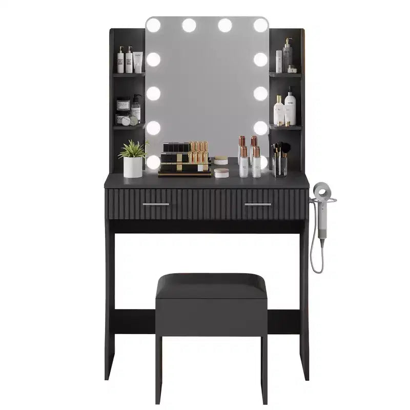 Coiffeuse avec miroir et 12 lumières LED, meuble de coiffeuse moderne avec porte-sèche-cheveux, tabouret pour chambre à coucher