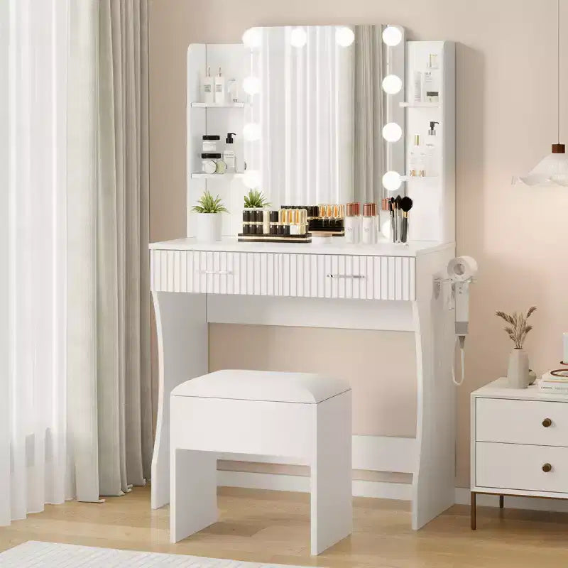 Coiffeuse avec miroir et 12 lumières LED, meuble de coiffeuse moderne avec porte-sèche-cheveux, tabouret pour chambre à coucher