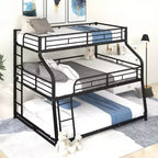 Twin XL Full XL over Queen Metal Triple Bunk Bed Frames for 3 Kids with Built-in Ladder and Full-Length Safety Guardrails