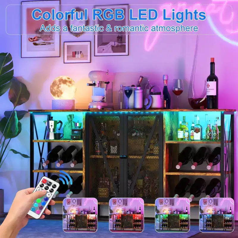 Meuble de bar à vin de ferme avec lumière LED, bar à café industriel avec porte-bouteilles et porte-verres