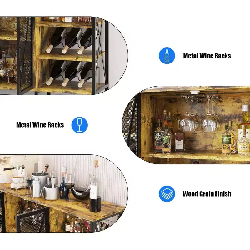 Meuble de bar à vin de ferme avec lumière LED, bar à café industriel avec porte-bouteilles et porte-verres