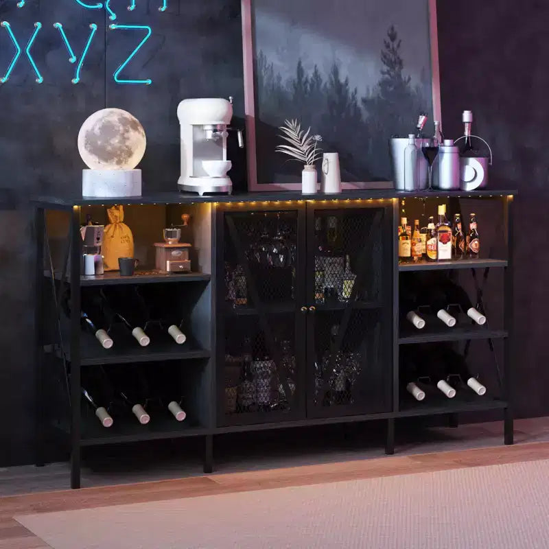 Meuble de bar à vin de ferme avec lumière LED, bar à café industriel avec porte-bouteilles et porte-verres