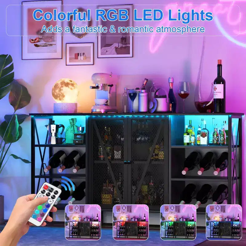 Meuble de bar à vin de ferme avec lumière LED, bar à café industriel avec porte-bouteilles et porte-verres
