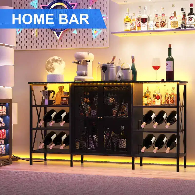 Meuble de bar à vin de ferme avec lumière LED, bar à café industriel avec porte-bouteilles et porte-verres