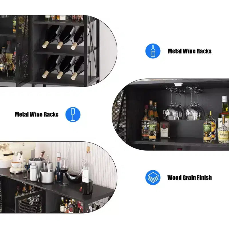 Meuble de bar à vin de ferme avec lumière LED, bar à café industriel avec porte-bouteilles et porte-verres