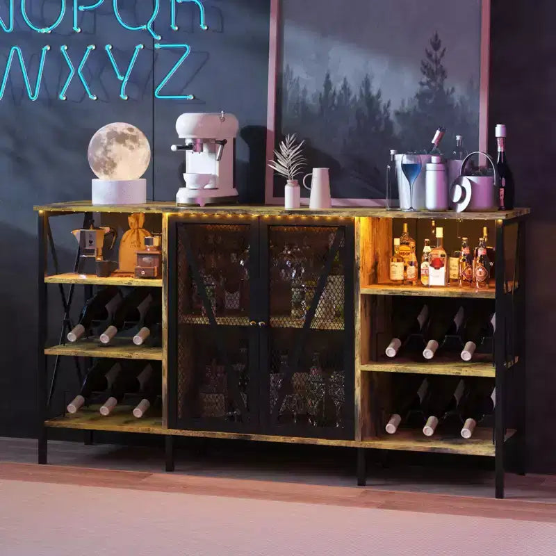 Meuble de bar à vin de ferme avec lumière LED, bar à café industriel avec porte-bouteilles et porte-verres