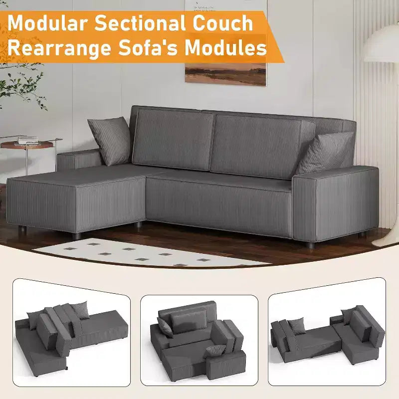 Canapé d'angle en forme de L de 96 po avec méridienne, canapé moderne 3 places en velours côtelé, canapé modulaire, accoudoirs larges, pour salon, appartement
