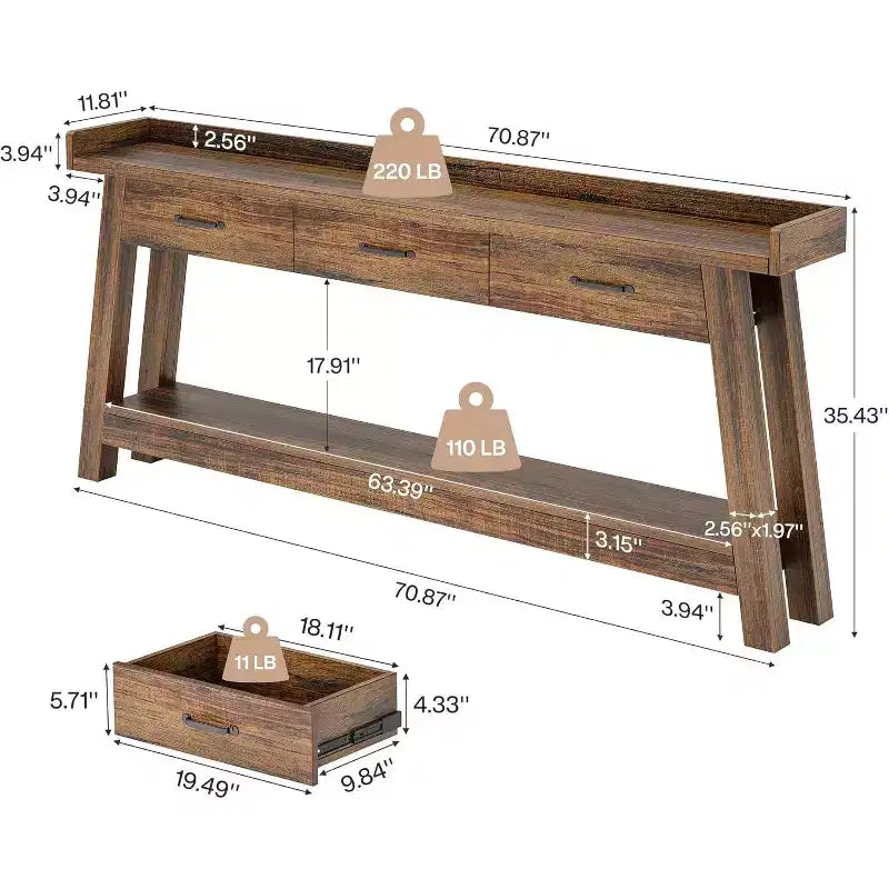 Console 2 Niveaux avec 3 Tiroirs, Table d'Appoint 70,9"