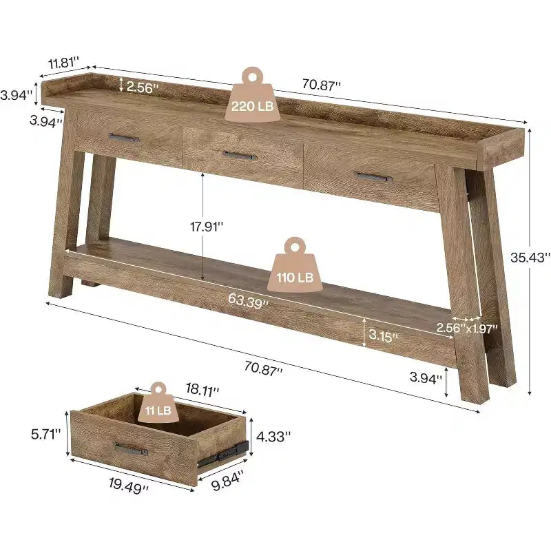 Console 2 Niveaux avec 3 Tiroirs, Table d'Appoint 70,9"